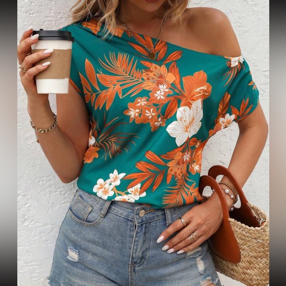 Boho Floral Tropical Print Asymmetrical Neck Batwing Sleeve Top Blouse Green - Picture 6 of 6